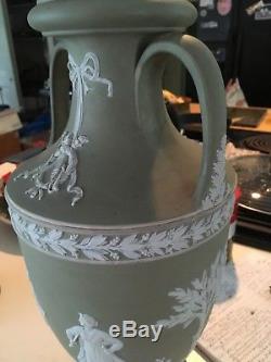 1-Wedgwood Jasperware Green 1899 HUGE 15x8 Urn Vase Handles NICE! (2 available)
