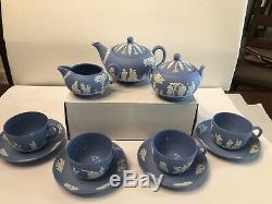 (13) Pc. Vintage 1950s Wedgwood Blue Jasper Ware Jasperware Tea Set Full Size