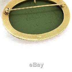14k Yellow Gold English Wedgwood Green Jasperware Brooch Pendant with Pearl Frame