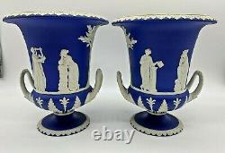 1850's Wedgwood Pair of Large Blue & White Twin Handled Pedestal Urn/Vases
