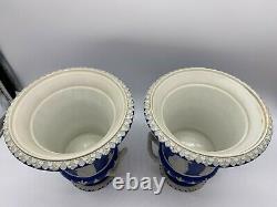 1850's Wedgwood Pair of Large Blue & White Twin Handled Pedestal Urn/Vases