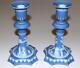 1867 Pair Wedgwood Neoclassical Blue Jasperware Candlesticks 7 7/8 Tall Rare