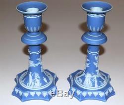 1867 Pair Wedgwood NeoClassical Blue Jasperware Candlesticks 7 7/8 Tall Rare