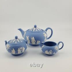 1950s WEDGWOOD Blue Jasperware Large Teapot Milk Jug Lidded Sugar Bowl VGC