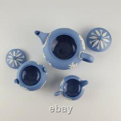 1950s WEDGWOOD Blue Jasperware Large Teapot Milk Jug Lidded Sugar Bowl VGC