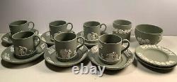 1963 Vintage WEDGWOOD Sage Green 6Cups, 6Sauce, 1Cup, 1 Cigarette Holder 2Tray