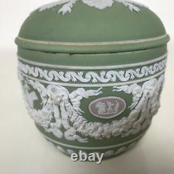 19th Century Wedgwood Tri Color Jasperware Green White Lilac Cameo Covered Bowl