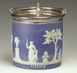 19th century Blue Wedgwood Jasperware Biscuit Jar with Silverplate Lid & Handle