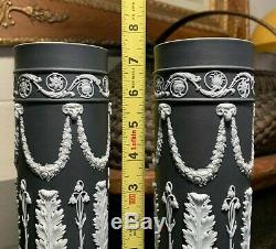 2 RARE 19th Century Wedgwood White on Black Jasperware Acanthus Spill Vases