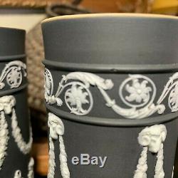 2 RARE 19th Century Wedgwood White on Black Jasperware Acanthus Spill Vases