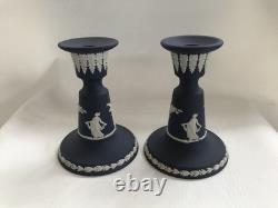2 Wedgwood Portland Blue Jasperware candle holders in excellent condition