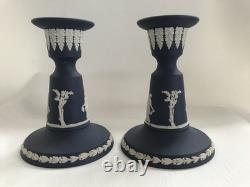 2 Wedgwood Portland Blue Jasperware candle holders in excellent condition