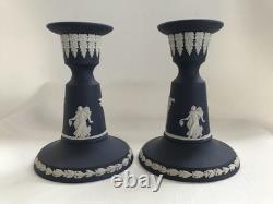 2 Wedgwood Portland Blue Jasperware candle holders in excellent condition
