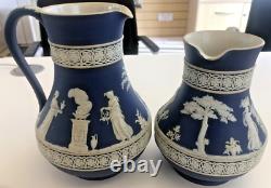 2 x Antique Wedgewood Jasperware Jugs Pitchers Dark Blue Lovely Designs