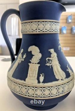 2 x Antique Wedgewood Jasperware Jugs Pitchers Dark Blue Lovely Designs