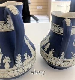 2 x Antique Wedgewood Jasperware Jugs Pitchers Dark Blue Lovely Designs