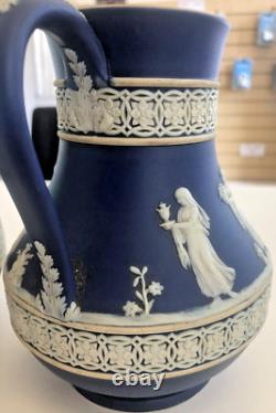 2 x Antique Wedgewood Jasperware Jugs Pitchers Dark Blue Lovely Designs