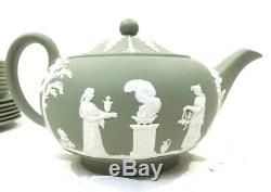 25pc Green Wedgwood Jasperware Tea Set, England 1955, Beautiful Condition