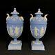 2x Antique Wedgwood Blue Jasperware Lidded Urns Dancing Hours C. 1860-90 A/f
