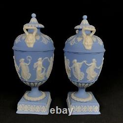 2x Antique Wedgwood Blue Jasperware Lidded Urns Dancing Hours c. 1860-90 A/F