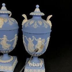 2x Antique Wedgwood Blue Jasperware Lidded Urns Dancing Hours c. 1860-90 A/F