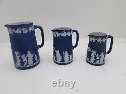 3 Antique 19th Century Graduated Dark Cobalt Blue Wedgwood Jasperware Jugs