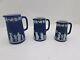 3 Antique 19th Century Graduated Dark Cobalt Blue Wedgwood Jasperware Jugs