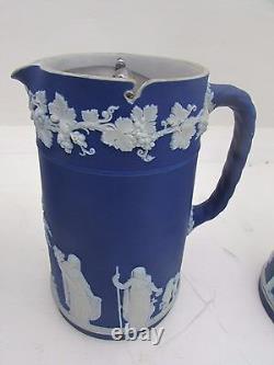 3 Antique 19th Century Graduated Dark Cobalt Blue Wedgwood Jasperware Jugs