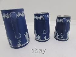 3 Antique 19th Century Graduated Dark Cobalt Blue Wedgwood Jasperware Jugs