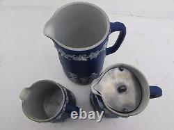 3 Antique 19th Century Graduated Dark Cobalt Blue Wedgwood Jasperware Jugs