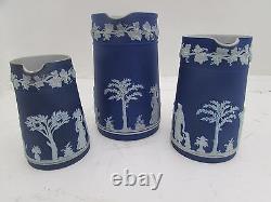 3 Antique 19th Century Graduated Dark Cobalt Blue Wedgwood Jasperware Jugs