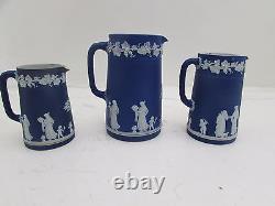 3 Antique 19th Century Graduated Dark Cobalt Blue Wedgwood Jasperware Jugs