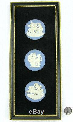 3 Framed Wedgwood White on Blue Jasperware Round Plaques Medallions Horses