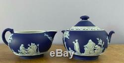 4 Pcs Antique Wedgwood Cobalt Blue Dip Jasperware Tea Set Teapot Incl 1903 Plate