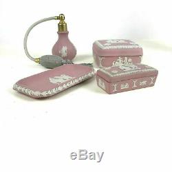 4 Piece Wedgwood Pink Jasperware Dresser Set Trinket Tray Box Perfume Atomizer
