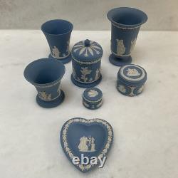 7 Pieces Set of Wedgewood Blue Jasper Ware, Various Items. Good Condition