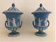 A Pair Of Antique Wedgwood Jasperware Campana Urns With Covers C. 1868