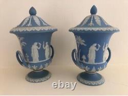A pair of Antique Wedgwood Jasperware Campana Urns with Covers c. 1868