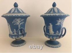 A pair of Antique Wedgwood Jasperware Campana Urns with Covers c. 1868