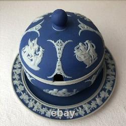 ANTIQUE WEDGWOOD Dark Blue BEEHIVE Honey Pot with LID & ATTACHED PLATE HTF Sugar