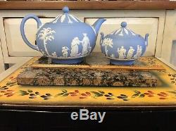 ANTIQUE WEDGWOOD ENGLAND BLUE JASPERWARE COVERED TEAPOT and sugar jar with lid