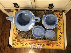 ANTIQUE WEDGWOOD ENGLAND BLUE JASPERWARE COVERED TEAPOT and sugar jar with lid