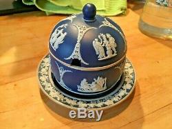 ANTIQUE WEDGWOOD JASPERWARE Dark BLUE Jam Jar/Plate with LID RARE C1900 Nice