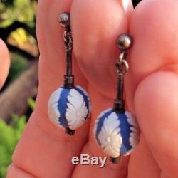 ANTIQUE Wedgwood Jasper Ware Blue & White Bead Earrings