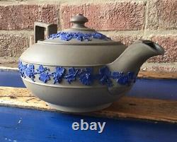 Antique 1860 Wedgwood Drab Ware Small Squat Teapot Olive Blue Jasperware