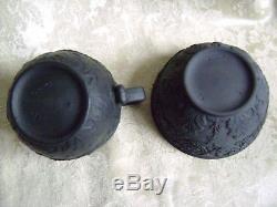 Antique 1874 Wedgwood Black Basalt Jasperware 3 3/4 Creamer And Open Sugar Bowl