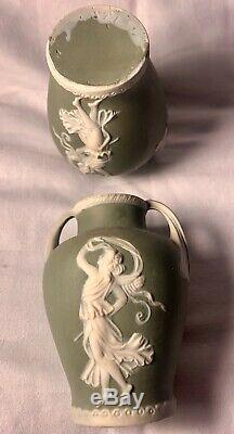 Antique 1880 Thomas Wedgwood Green Jasperware Grecian Urn Vases Extremely Rare