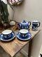 Antique 1890s Dark Blue Jasperware Teapot, Cups Saucers Sugar Milk Jug