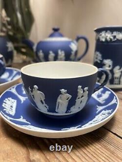 Antique 1890s Dark Blue jasperware Teapot, Cups Saucers Sugar Milk Jug