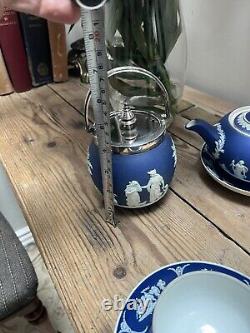 Antique 1890s Dark Blue jasperware Teapot, Cups Saucers Sugar Milk Jug